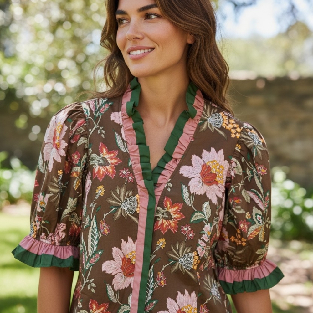 Entro Floral Blouse with Brown and Green Accents Size M NWT